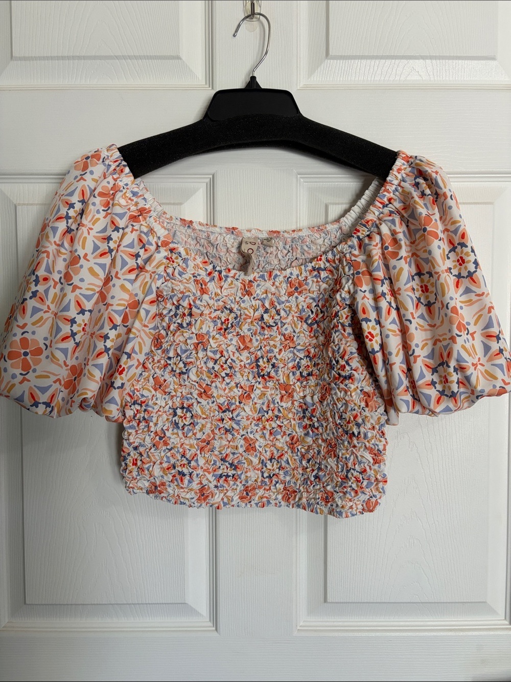 dolan Smocked Off-Shoulder Crop Top - White, Orange, Blue
